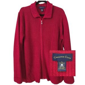 Charter Club‎ Women's Sweater 100% Cotton Full Zip Red Cardigan Size XL
